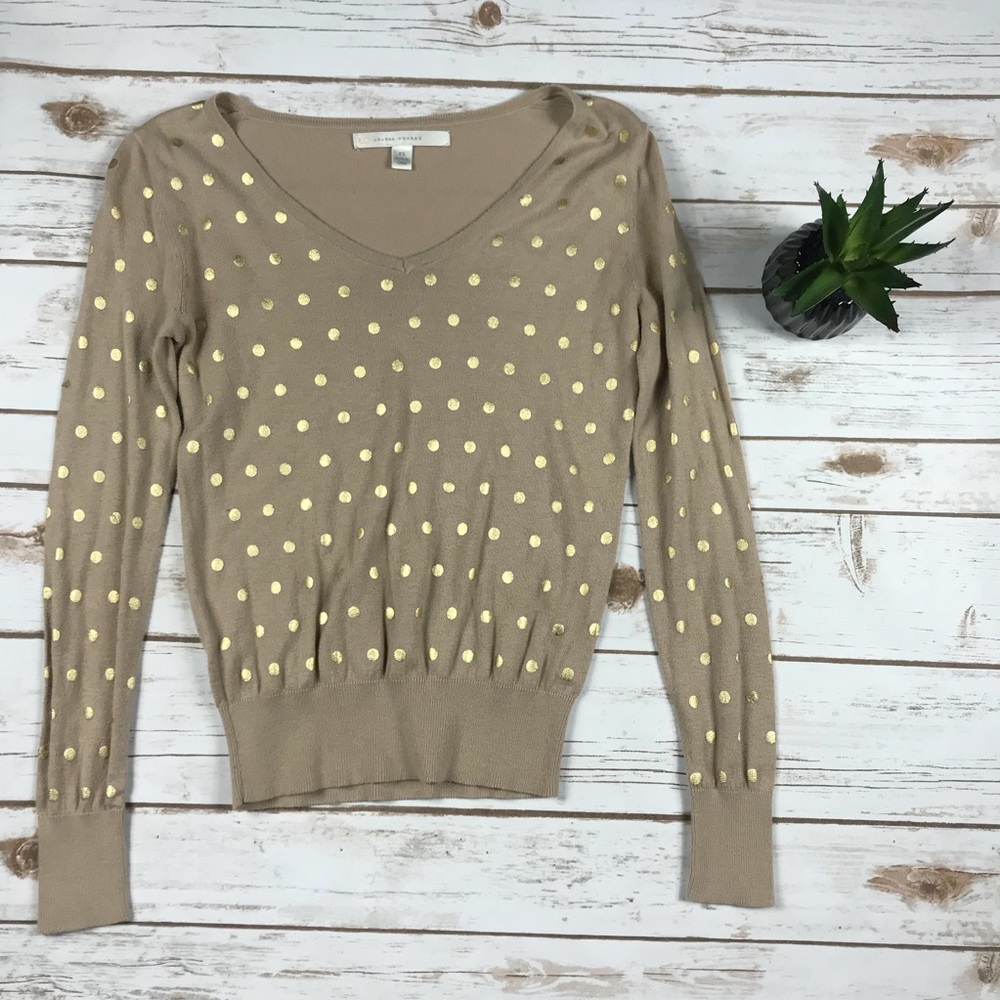 LC Lauren Conrad | V- Neck Tan Sweater w/ Gold XS